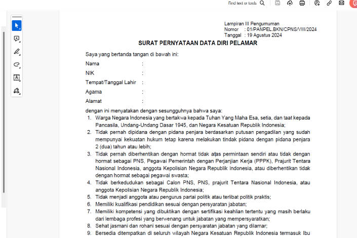 contoh surat pernyataan cpns