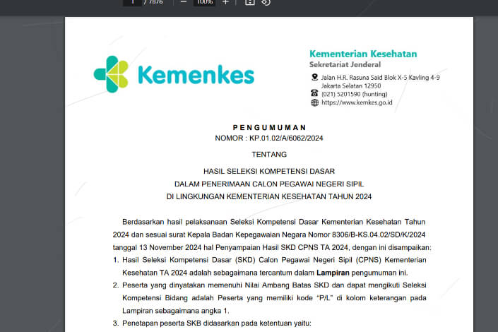 Pengumuman Hasil SKD CPNS Kemenkes 2024